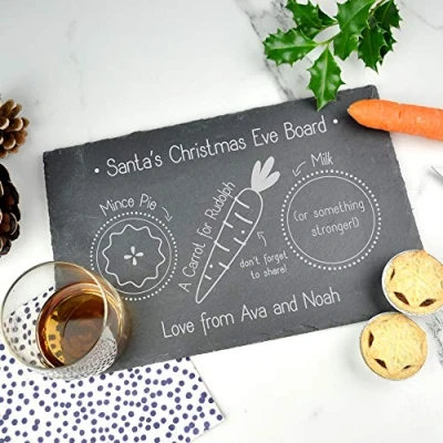 Image of eBuyGB Personalised Santa&#039;s Christmas Eve Board, Santa Claus Rudolph Reindeer Treat Plate, Father Slate Snack Tray