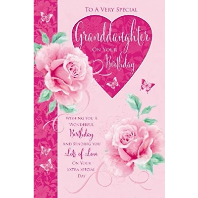 Image of Special Granddaughter On Your Birthday Roses Heart &amp; Butterfly Design Greeting Card