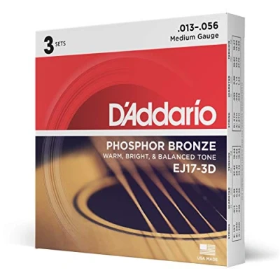 Image of D&#039;Addario Guitar Strings Acoustic Phosphor Bronze For 6 String Warm, Bright, Balanced Tone EJ17 3D Medium, 13 56 3 Pack