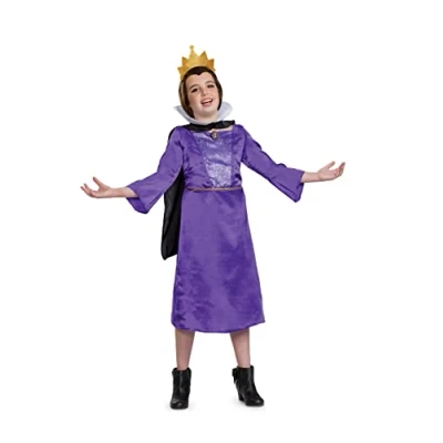 Image of Disney Official Girl&#039;s Evil Queen Costume Kids includes Crown and Super Soft Cape, Fancy Dress Up Outfit Snow White Halloween for Size S