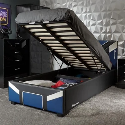 Image of X Rocker Cerberus MKII Ottoman Gas Lift Upholstered Platform Bed Frame with Storage, Gaming Hydraulic Lifting Under Storage for Kids, Small Double 4ft BLUE BLACK WHITE