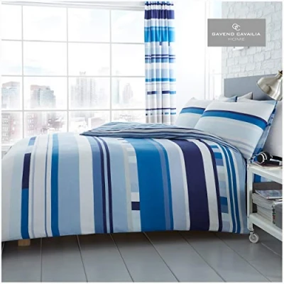 Image of GC GAVENO CAVAILIA Striped Duvet Cover Double, Reversible Printed Bedding Sets, Breathable Bed Covers, Blue