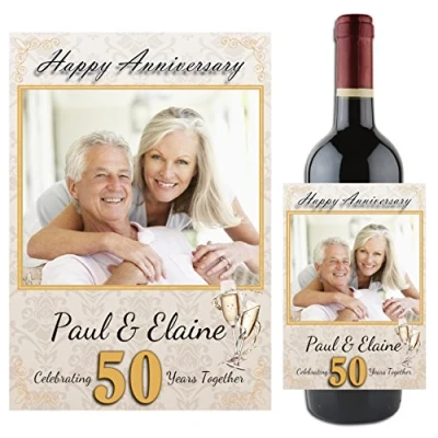Image of Personalised Golden 50th Wedding Anniversary Wine/Champagne Bottle Photo Label Gift Present Idea N101