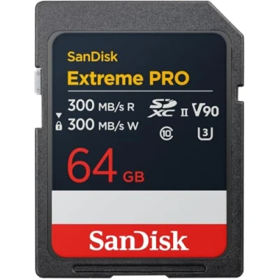 Image of SanDisk Extreme Pro 64GB SDXC UHS II card, up to 300 MB/s read speeds, write V90, level performance enables cinema quality 8K video recording