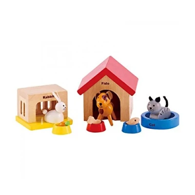 Image of Hape Family Pets Complete Your Wooden Dolls House with Happy Dog, Cat, Bunny Pet Set Complimentary Houses and Food Bowls