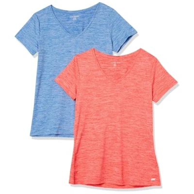 Image of Amazon Essentials Women&#039;s Tech Stretch Short Sleeved V Neck T Shirt (Available in Plus Sizes), Pack of 2, Coral Orange Space Dye/Light Blue Dye, M
