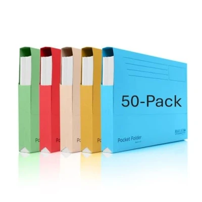 Image of Railex Pocket Folder Foolscap Document Wallets Assorted Folders for Paperwork A4 and A4+, Recycled Board File Wallet, Premium Filing Office Home Pack of 50
