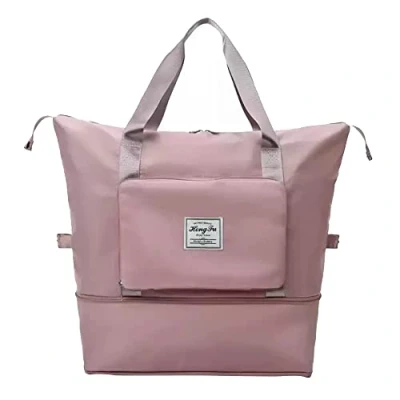 Image of Large Capacity Folding Travel Bag, Portable Foldable Bags Lightweight Waterproof Oxford Fabric Dry and Wet Separation Gym Duffel Shoulder Bag Weekend (Pink)