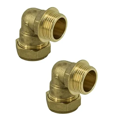 Image of UKDD® 22mm Compression by 3/4&quot; BSP Brass Male Iron Elbow 90 Bend, x Adaptors Bend WRAS Approved Pack of 2…
