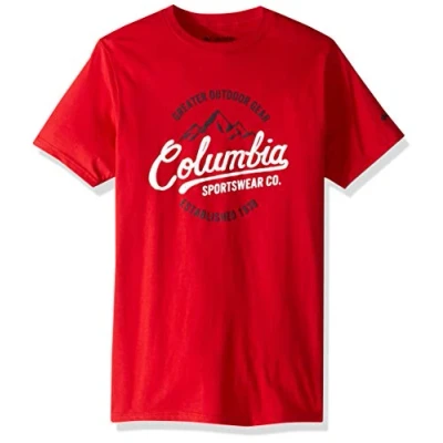 Image of Columbia Men&#039;s Graphic T shirt Shirt, Mountain Red/Volt, S UK