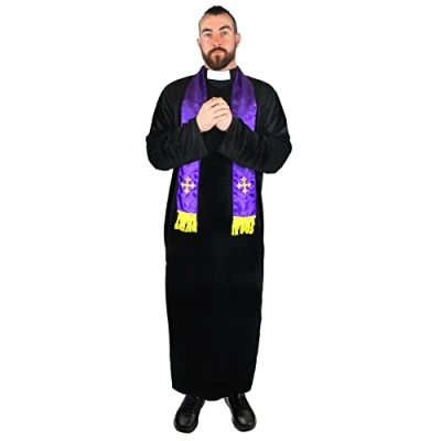Image of Mens Priest Costume Large Black Robe and Purple Clerical Scarf Adults Halloween Fancy Dress