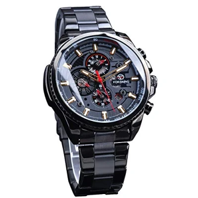 Image of FORSINING Mens Automatic Watch,Black Dial Skeleton Date Watches Fashion Mechanical Self Winding Wrist Watch Stainless Steel Luminous
