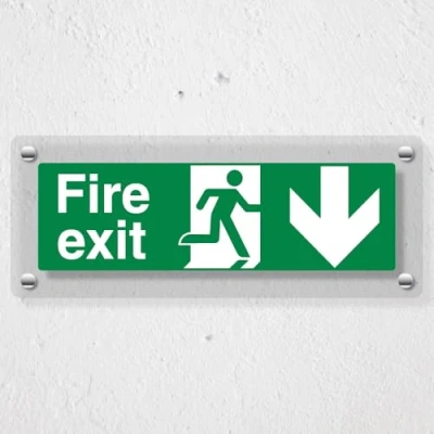 Image of V Safety Fire Exit Arrow Down 450 x 150 mm Acrylic Perspex Cast Clear Sign