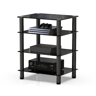 Image of FITUEYES HiFi Rack AV Shelf 4 Tiers Glass TV Stand with Tempered Media Storage Shelves Black