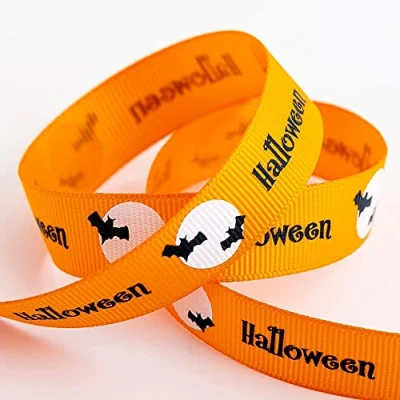 Image of Halloween Ribbon Moonlit Bats 16mm x 5 Metre Orange Grosgrain