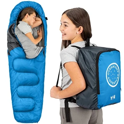 Image of Trail Kids Sleeping Bag Mummy Shape 3 Season Camping 300gsm Boys Girls with Lightweight Rucksack (Blue)