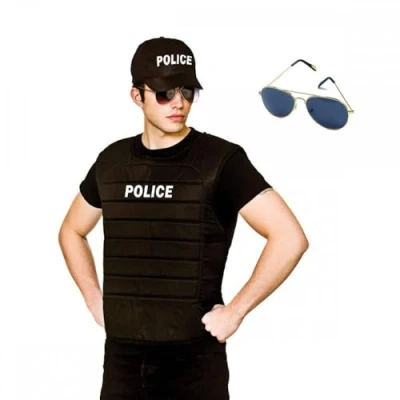 Image of Adult POLICE Vest &amp; Cap Set + Aviator Sunglasses : Unisex Mens Womens Policeman Cop Team Fancy Dress Costume