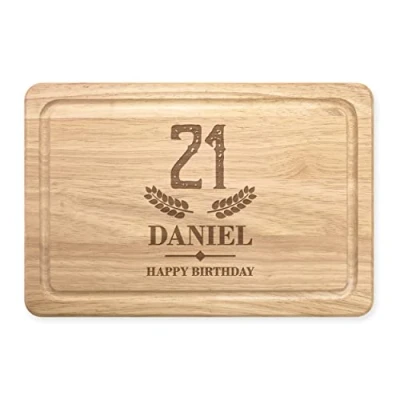 Image of Personalised Chopping Board Age Happy Birthday Wheat Any Name Wooden Meat Serving Custom