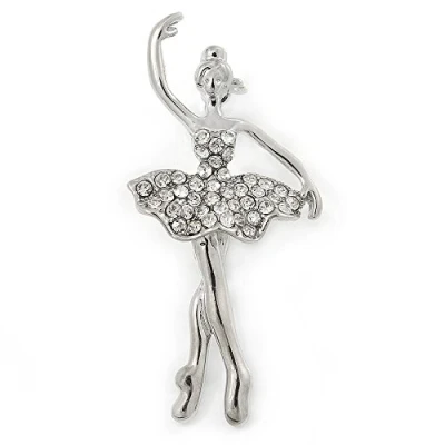 Image of Avalaya Rhodium Plated Clear Crystal Ballerina Brooch 50mm L