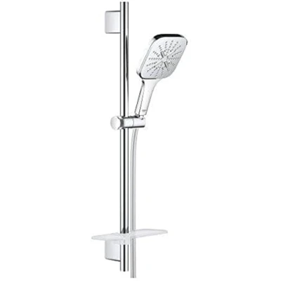 Image of GROHE Rainshower 130 Smartactive Cube Shower Rail Set Water Saving 3 Spray 130mm Hand with 600mm Rail, 1750mm Silverflex Hose Chrome Finish and White Plate Made in Germany 26584LS0
