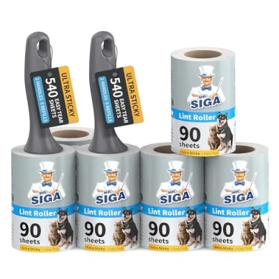 Image of MR.SIGA Lint Rollers for Pet Hair Extra Sticky, 540 Sheets, Remover Clothing, Furniture, with Easy Tear Sheets