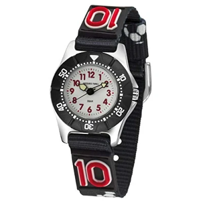 Image of JACQUES FAREL KWD 5000 Children&#039;s Boys&#039; Football Textile Strap Black Rotating Ring Analogue Quartz Watch, black,