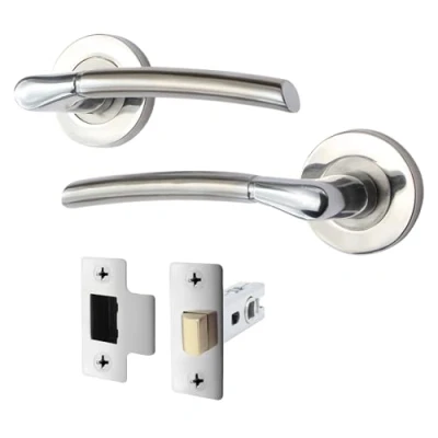 Image of EAI Internal Door Handle + Latch Set Duo Finish 1 Pair Satin Nickel and Polished Chrome Lever on Rose Round (64mm)