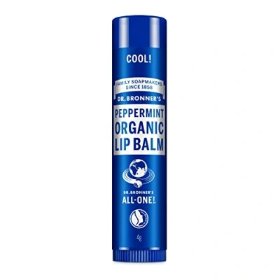 Image of Dr Bronner&#039;s Peppermint Lip Balm, Made with No Synthetic Ingredients and Organic Oils, Used for Lips, Dry Hands, Cuticles Chapped Chins, Certified Fair Trade, 4g Bar