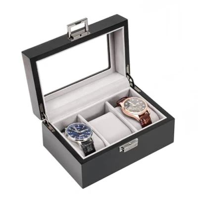 Image of ProCase Wooden Watch Box for Men, 3 Slot Display Case Mens Organizer, Wood Men Storage, Holder Organizer with Glass Lid Slot, MatteBlack
