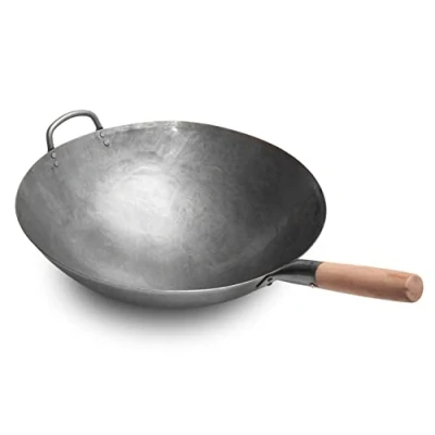 Image of Craft Wok Big 16 Inch Heavy Hand Hammered Carbon Steel Pow with Wooden and Helper Handle (Round Bottom) / 731W138