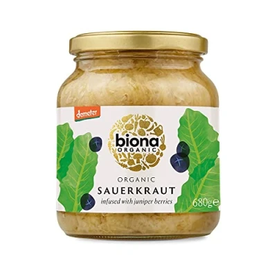Image of Biona Organic Sauerkraut 680g Infused with Juniper Berries Naturally Fermented White Cabbage Pasteurised High in Protein, Vegan No Additives