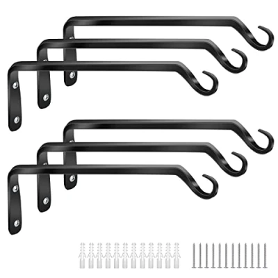 Image of Worth Garden 6 Pack 10&quot; Plant Hanger Bracket Forged Wrought Iron Powder Coated Heavy Duty Wall Hook Black Hanging Hooks Durable and Stable for Bird Feeders, Planters Indoor &amp; Outdoor