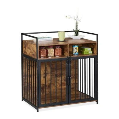 Image of Relaxdays Dog Crate in Furniture Style, 2 1 Cage &amp; Shelf, Doors, Cabinet Wood Look, 85 x 80 54 cm, Brown/Black