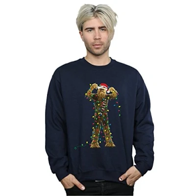 Image of Star Wars Men&#039;s Chewbacca Christmas Lights Sweatshirt Large Navy Blue