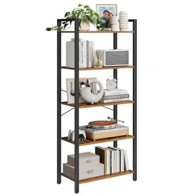 Image of VASAGLE 5 Tier Shelf Bookcase Storage Unit with Steel Frame for Living Room Office Entrance Industrial Style Rustic Brown and Black LLS061B01