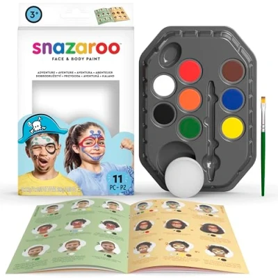 Image of Snazaroo Adventure Face Paint Palette Kit for Kids and Adults, 8 Colours, 11pcs, Brush, Sponge, Guide, Water Based, Easily Washable, Non Toxic, Makeup, Body Painting Parties, Ages 3+