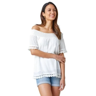 Image of Roman Originals Lace Detail Shirred Bardot Top for Women UK Ladies Everyday Holiday Spring Summer Comfy Soft Evening Vacation Work Party Ivory Size 16