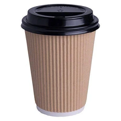 Image of We Can Source It Ltd 1000 x 12oz Kraft Ripple Cups 3 PLY Disposable Insulated Paper Coffee &amp; Black SIP Through LIDS