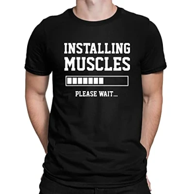 Image of Installing Muscles Please Wait Gym Slogan Funny Mens T Shirt Black (XL)