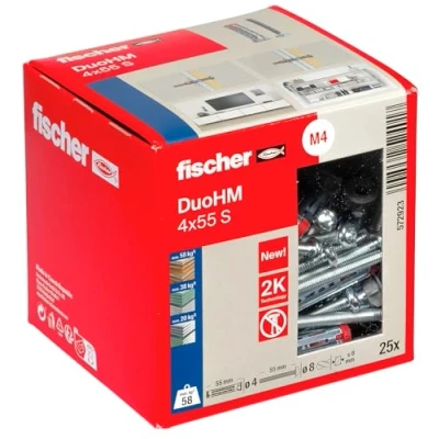 Image of fischer DuoHM 4 x 55 S TX Cavity Dowels with Metric Panhead Screw and Drive for Fixing TV Brackets, Lights, Wall Shelves, etc. in Panel Building Materials, Pack of 25