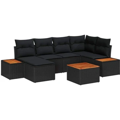 Image of vidaXL 7 Piece Garden Sofa Set with Cushions Black Poly Rattan Acacia