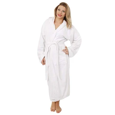 Image of LOVETRENDS White Ladies &amp; Men&#039;s Terry Towelling Bathrobe 100% Cotton Unisex Dressing Gown Women&#039;s Super Absorbent Hooded Shawl with 2 Pockets (Small/Medium)