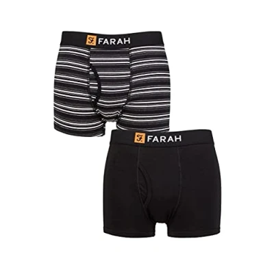 Image of Mens 2 Pack Farah Plain and Striped Cotton Classic Keyhole Trunks Black / Charcoal XL