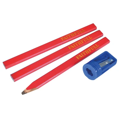 Image of Faithfull Carpenters&#039; Pencils Red (Pack 3 + Sharpener) FAICPSHARP