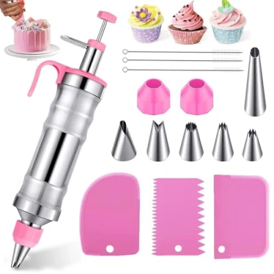 Image of Dessert Cake Decorating Syringe, Stainless Steel Icing Piping Tips Tools, Syringe Set for Cupcake, Nozzles, DIY Frosting Baking Tools with 6 Pcs Nozzles
