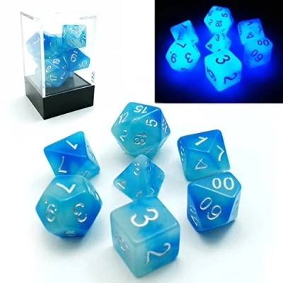 Image of Bescon Gemini Glowing Polyhedral Dice 7pcs Set ICY ROCKS,Luminous RPG d4 d6 d8 d10 d12 d20 d%, Brick Box Packaging