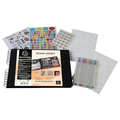 Image of Exacompta Ref. 16801E SCRAP ADDICT scrapbooking kit spiral album 70 black pages size 32 x 22 cm 2 stencils 4 sheets of stickers self adhesive corners 12 markers