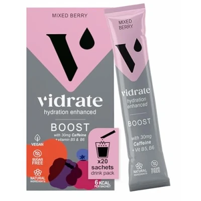 Image of Electrolytes Powder Hydration Sachets Packed with Vitamins Zero Sugar Rehydration Sachet No Artificial Sweeteners &amp; Preservatives by ViDrate Boost Mixed Berry Large Pack, 20