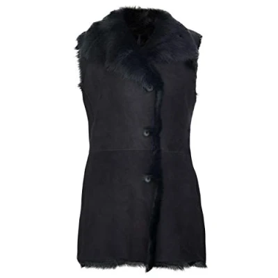 Image of Women&#039;s Chic Black Suede Toscana Shearling Leather Sheepskin Buttoned Gilet L