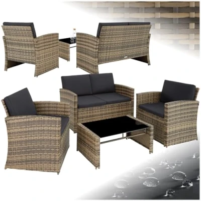 Image of TecTake® Rattan Garden Lounge Set, Chic Design, 2 seater sofa, Armchairs and 1 Table with Removable Glass Top, Comfortable Seat Back Cushions, for garden, patio, balcony natural